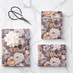 Feuille De Papier Cadeau Fleurs de pêche vintages violet beige taupe