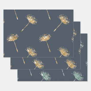 Feuille De Papier Cadeau Fleurs de Pissenlit Faux Paillettes Or Bleu Marine