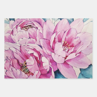 Feuille De Papier Cadeau Fleurs de pivoine rose aquarelle grandes
