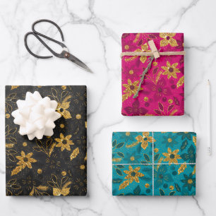 Feuille De Papier Cadeau Fleurs de poinsettia de Noël en or