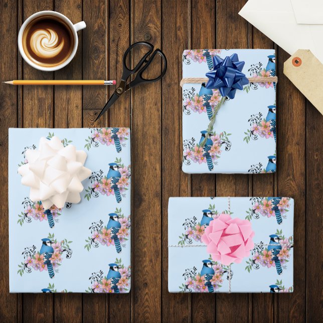 Feuille De Papier Cadeau Fleurs de printemps bleu Jay (Créateur téléchargé)