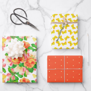 Feuille De Papier Cadeau Fleurs de printemps colorées et papillons Assortis