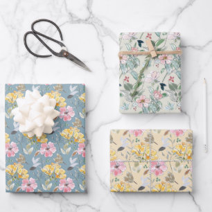 Feuille De Papier Cadeau Fleurs de printemps en rose jaune vert mariage