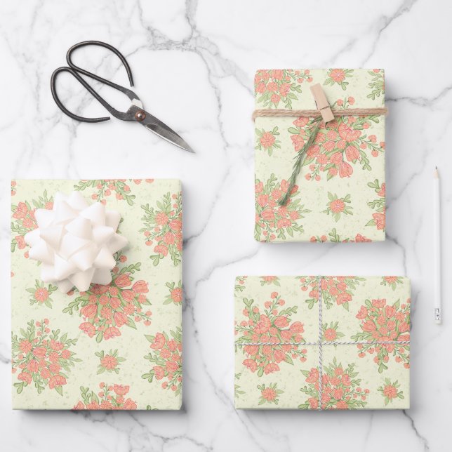 Feuille De Papier Cadeau Fleurs de printemps oranges de Pêche Florale (Recto)