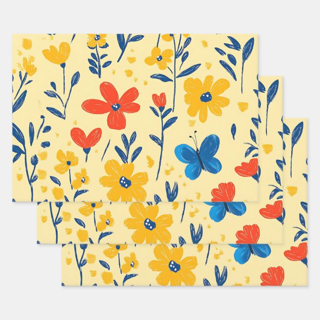 Feuille De Papier Cadeau Fleurs de rayonne et papillon (Lot)