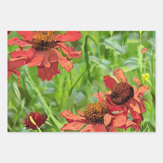 FEUILLE DE PAPIER CADEAU FLEURS DE RUDBECKIA ROUGES (Devant)