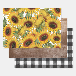 Feuille De Papier Cadeau Fleurs de soleil en bois verni blanc et noir