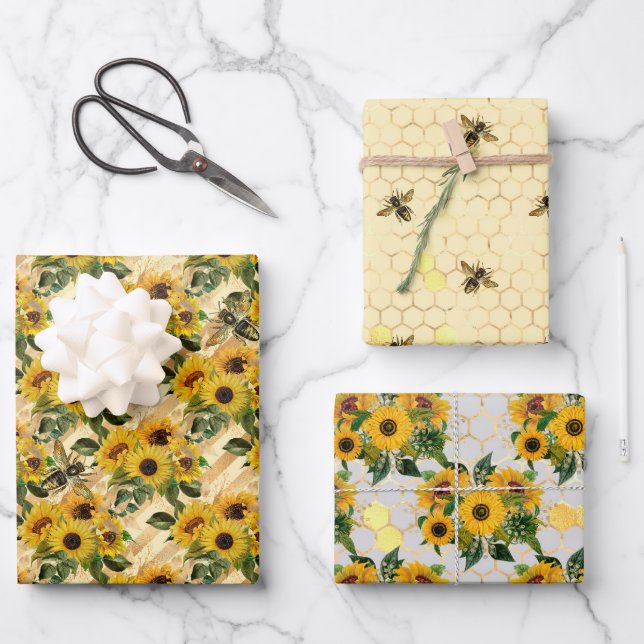 Feuille De Papier Cadeau Fleurs de soleil et abeilles de miel enveloppant d (Recto)