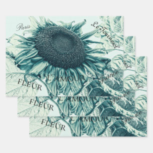 Feuille De Papier Cadeau Fleurs de soleil géantes Vintage Turquoise Script 