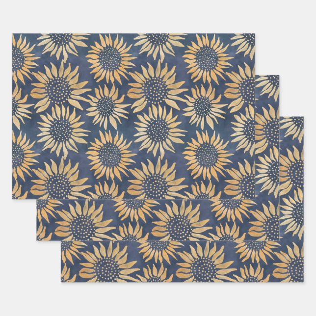 Feuille De Papier Cadeau Fleurs de soleil jaunes Abstraites sur bleu (Lot)