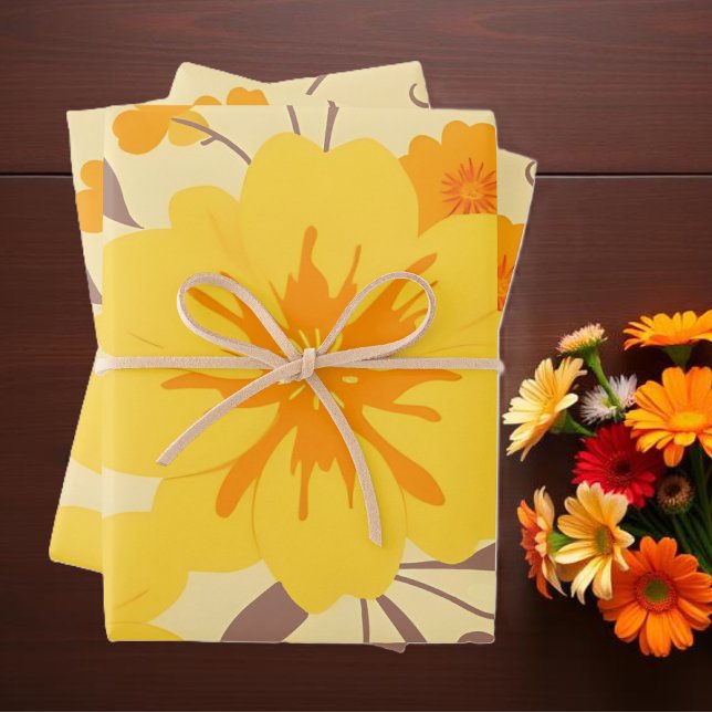 Feuille De Papier Cadeau Fleurs de soleil rétro - Modèle floral jaune (Retro Sunshine Flowers-Yellow Floral Pattern Wrapping Paper Sheets )