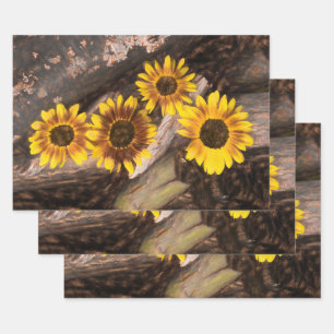 Feuille De Papier Cadeau Fleurs de soleil sur les billes Brown Jaune Vintag