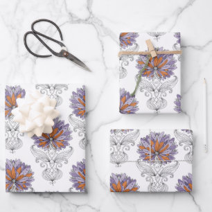 Feuille De Papier Cadeau Fleurs de style d'art abstrait doodle violet orang