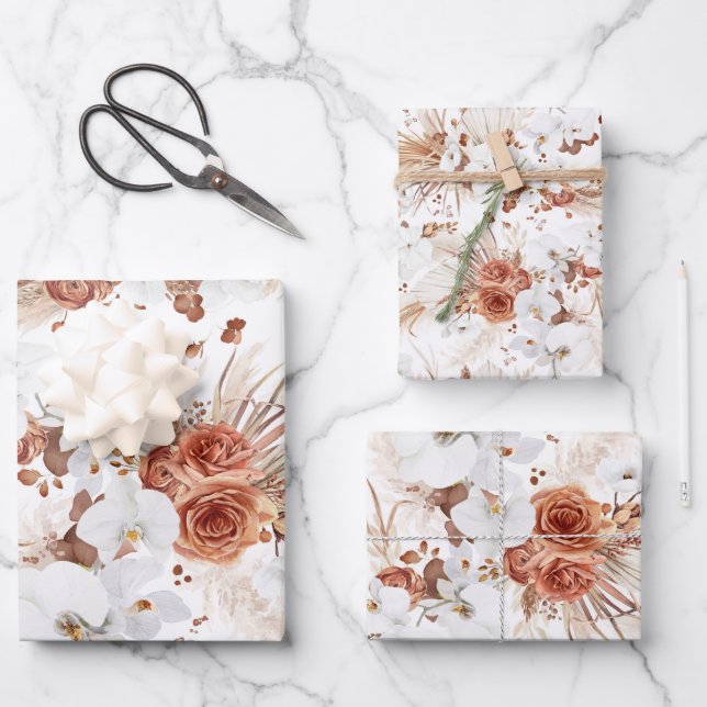 Feuille De Papier Cadeau Fleurs de terre cuite et blanches Botanique Boho E (Recto)