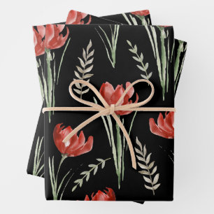 Feuille De Papier Cadeau Fleurs de tulipe Aquarelle botanique Noir