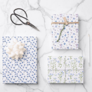 Feuille De Papier Cadeau Fleurs délicates sur Trio blanc