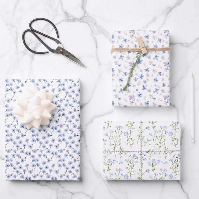 Feuille De Papier Cadeau Fleurs délicates sur Trio blanc (Recto)