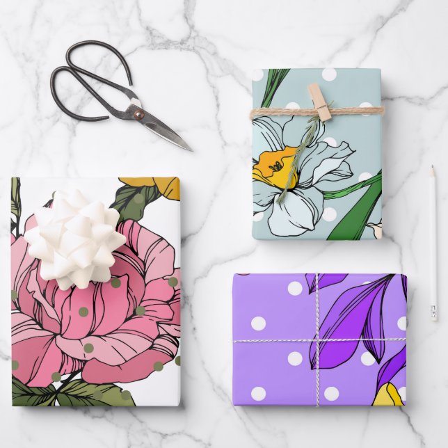 Feuille De Papier Cadeau Fleurs dessinées à la main adorable Purple Blue Ro (Recto)