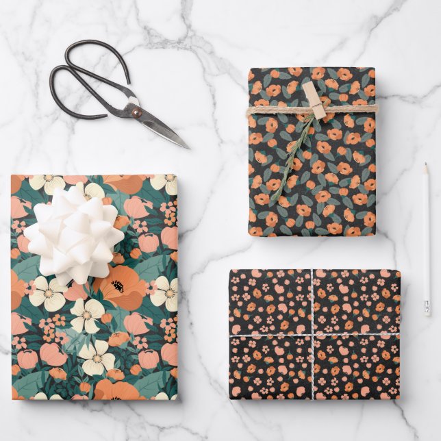 Feuille De Papier Cadeau Fleurs d'été orange (Recto)