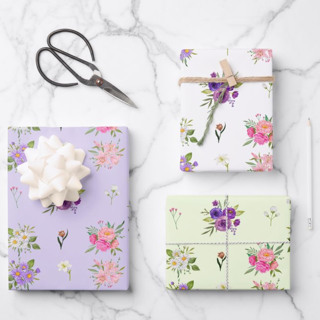 Feuille De Papier Cadeau Fleurs d'été pastel mélangées (Recto)