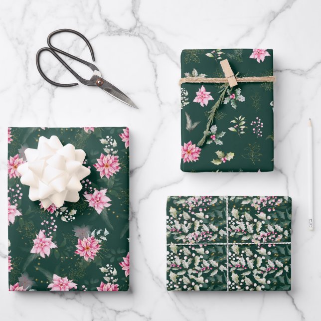 Feuille De Papier Cadeau Fleurs d'Euphorbe Rose sur Fond Vert Foncé (Recto)