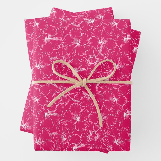 Feuille De Papier Cadeau Fleurs d'Hibiscus florissantes sur rose (En situation)