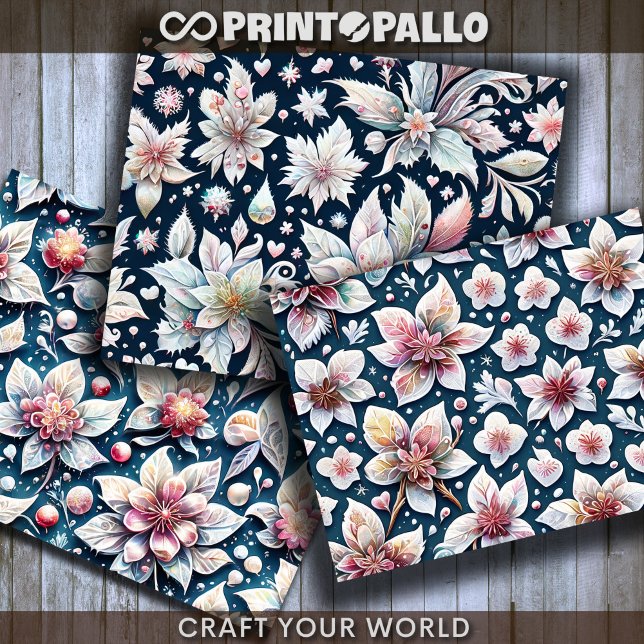 Feuille De Papier Cadeau Fleurs d'hiver sur fond noir pour découpage (Créateur téléchargé)