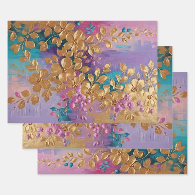 Feuille De Papier Cadeau Fleurs D'Or Peintes Sur Lilac Rose Turquoise (Lot)