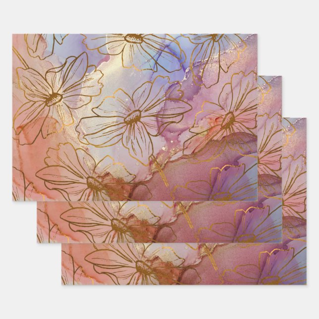 Feuille De Papier Cadeau Fleurs d'or sur Pastel Abstrait (Lot)