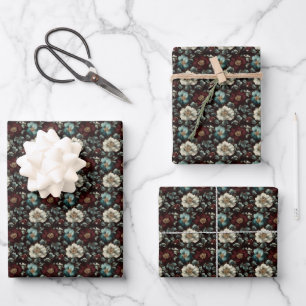 Feuille De Papier Cadeau Fleurs dorées foncées sur fond noir