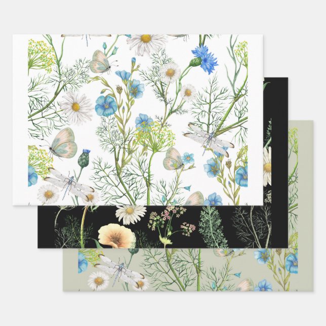 Feuille De Papier Cadeau Fleurs du jardin botanique Herbes libellules (Lot)
