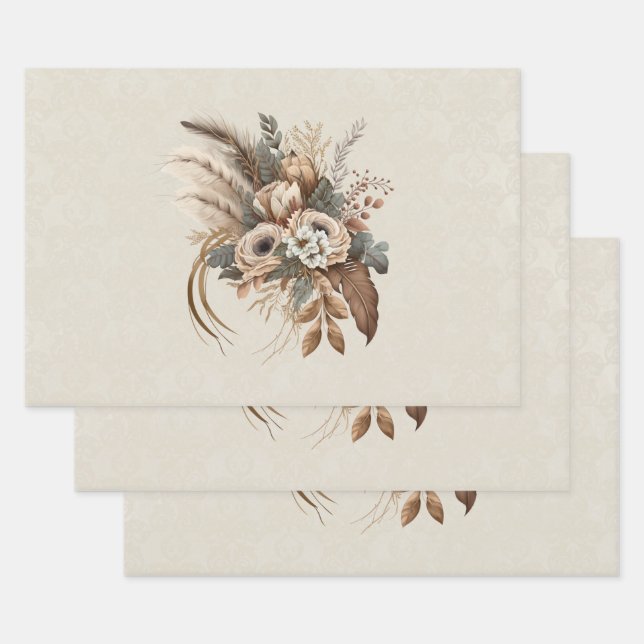 Feuille De Papier Cadeau Fleurs Élégantes Feuillage et plumes (Lot)