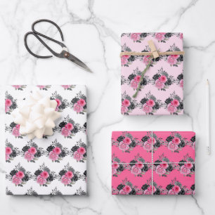 Feuille De Papier Cadeau Fleurs élégantes rose chaud et argent