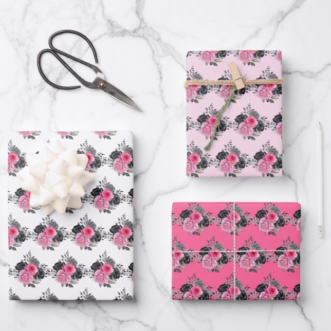 Feuille De Papier Cadeau Fleurs élégantes rose chaud et argent (Recto)