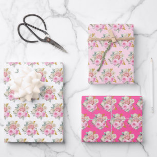 Feuille De Papier Cadeau Fleurs élégantes rose vif et or