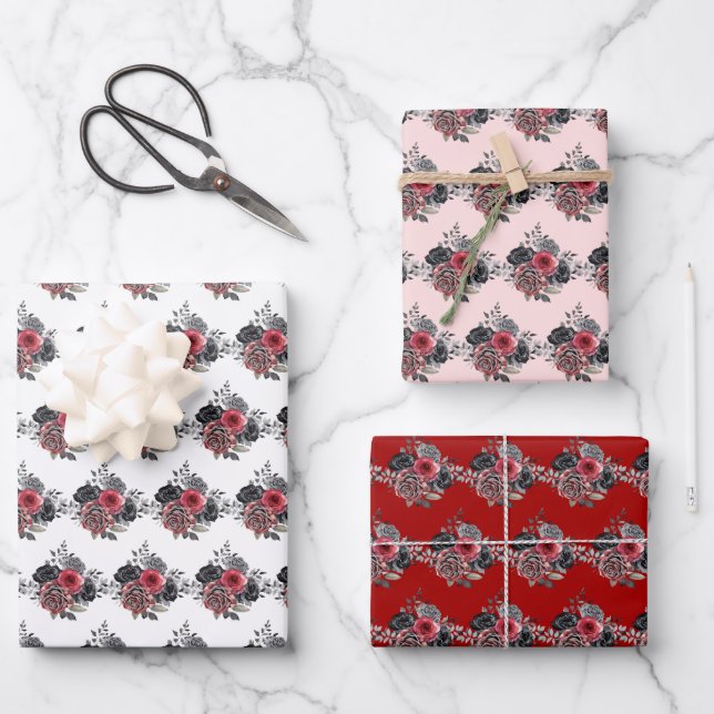 Feuille De Papier Cadeau Fleurs élégantes rouges et argentées (Recto)