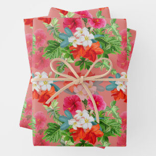 Feuille De Papier Cadeau Fleurs élégantes sur fond rose