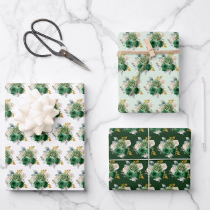 Feuille De Papier Cadeau Fleurs élégantes vert foncé et or