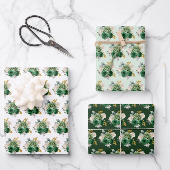 Feuille De Papier Cadeau Fleurs élégantes vert foncé et or (Recto)