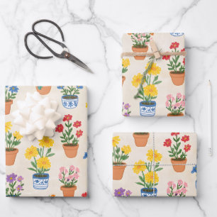 Feuille De Papier Cadeau Fleurs en pot fantaisistes Illustration botanique