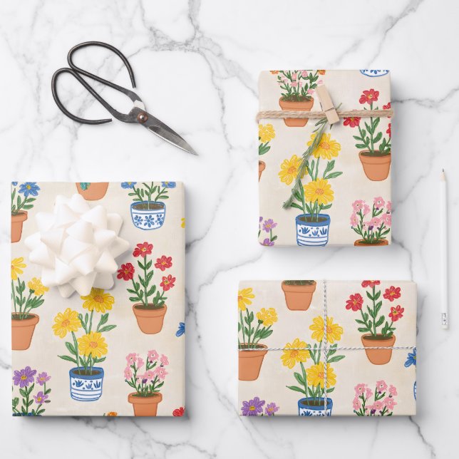 Feuille De Papier Cadeau Fleurs en pot fantaisistes Illustration botanique (Recto)