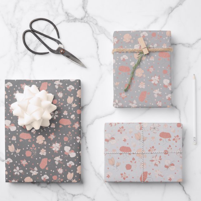 Feuille De Papier Cadeau Fleurs esquissées grises (Recto)