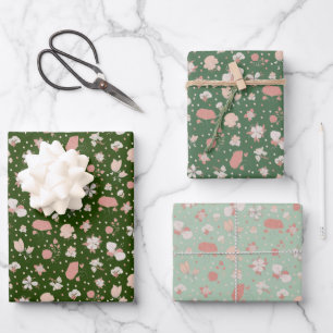 Feuille De Papier Cadeau Fleurs esquissées vertes