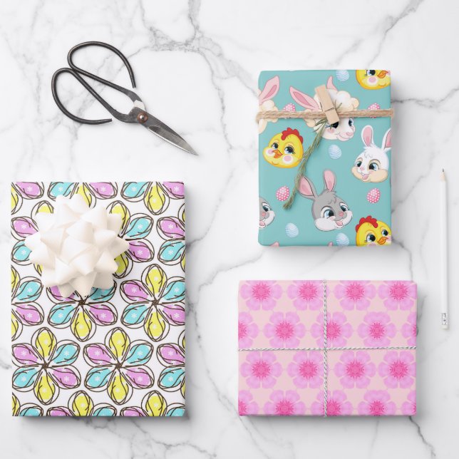 Feuille De Papier Cadeau Fleurs et Animaux de Pâques (Recto)