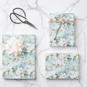 Feuille De Papier Cadeau Fleurs et anneaux de mariage romantiques