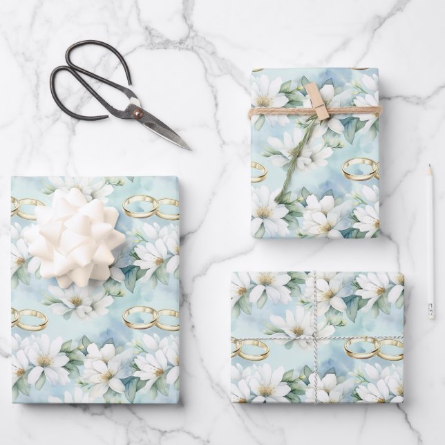 Feuille De Papier Cadeau Fleurs et anneaux de mariage romantiques (Recto)