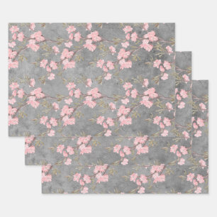 Feuille De Papier Cadeau Fleurs et branches roses sur gris