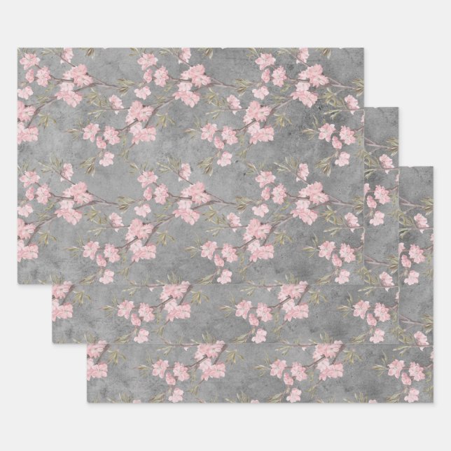 Feuille De Papier Cadeau Fleurs et branches roses sur gris (Lot)