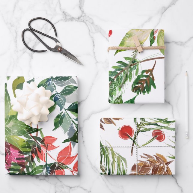 Feuille De Papier Cadeau Fleurs et feuillage de Noël modernes (Recto)