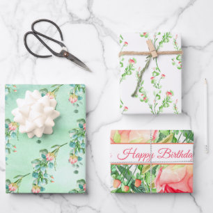 Feuille De Papier Cadeau Fleurs et feuillages à l'aquarelle Assortis